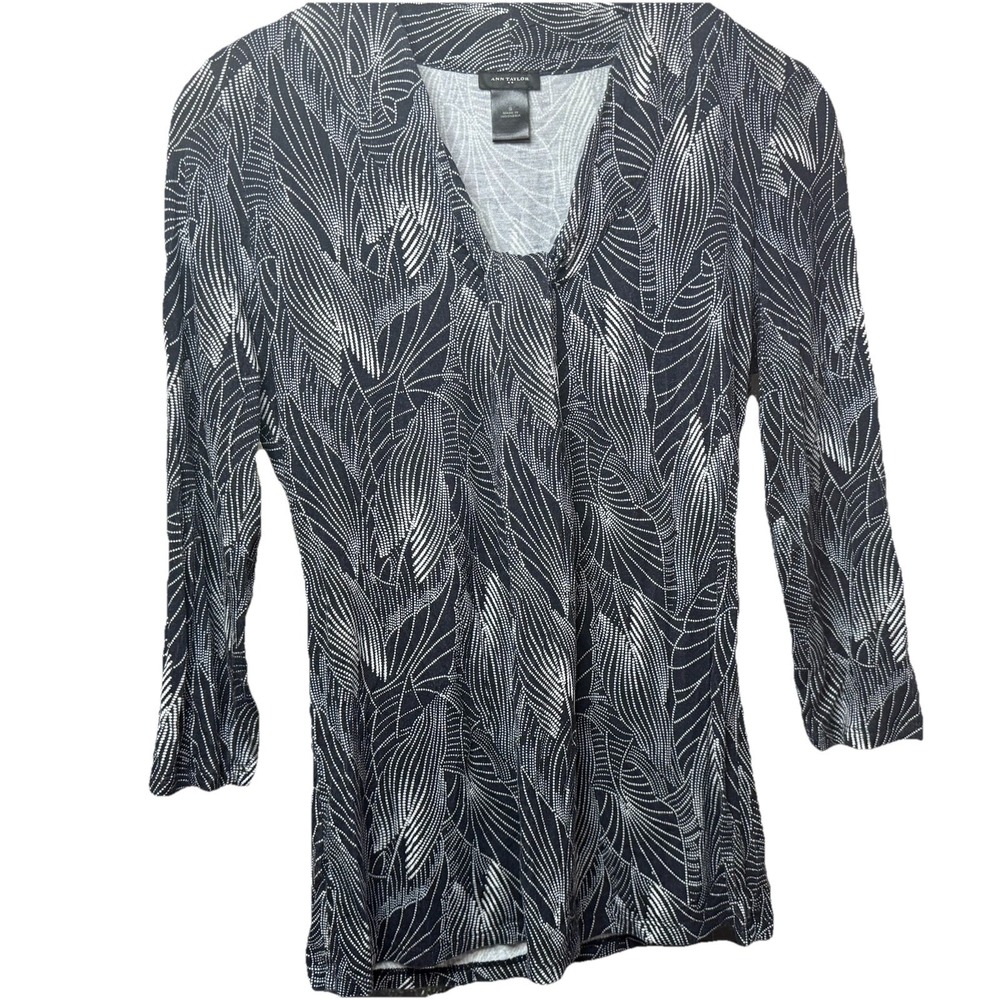 Ann Taylor Black and White Floral 3/4 Sleeve Fitted Women's Top, Size S